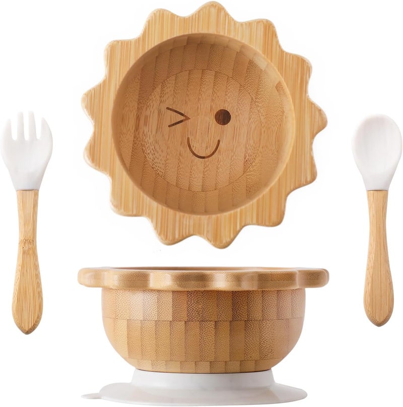 let's make Bamboo Suction Bowl for Baby Kid Toddler Bowl Spoon Fork Set with Removable Silicone Suction All-Natural Baby Feeding Set for Baby-Led Weaning Fits Feeding High Chair Table - Image 1